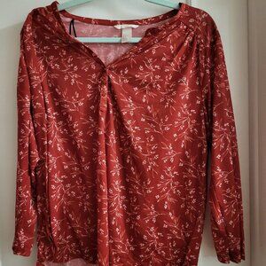 H&M Red Floral V-Neck Blouse Tunic – 3/4 Sleeve – Size L